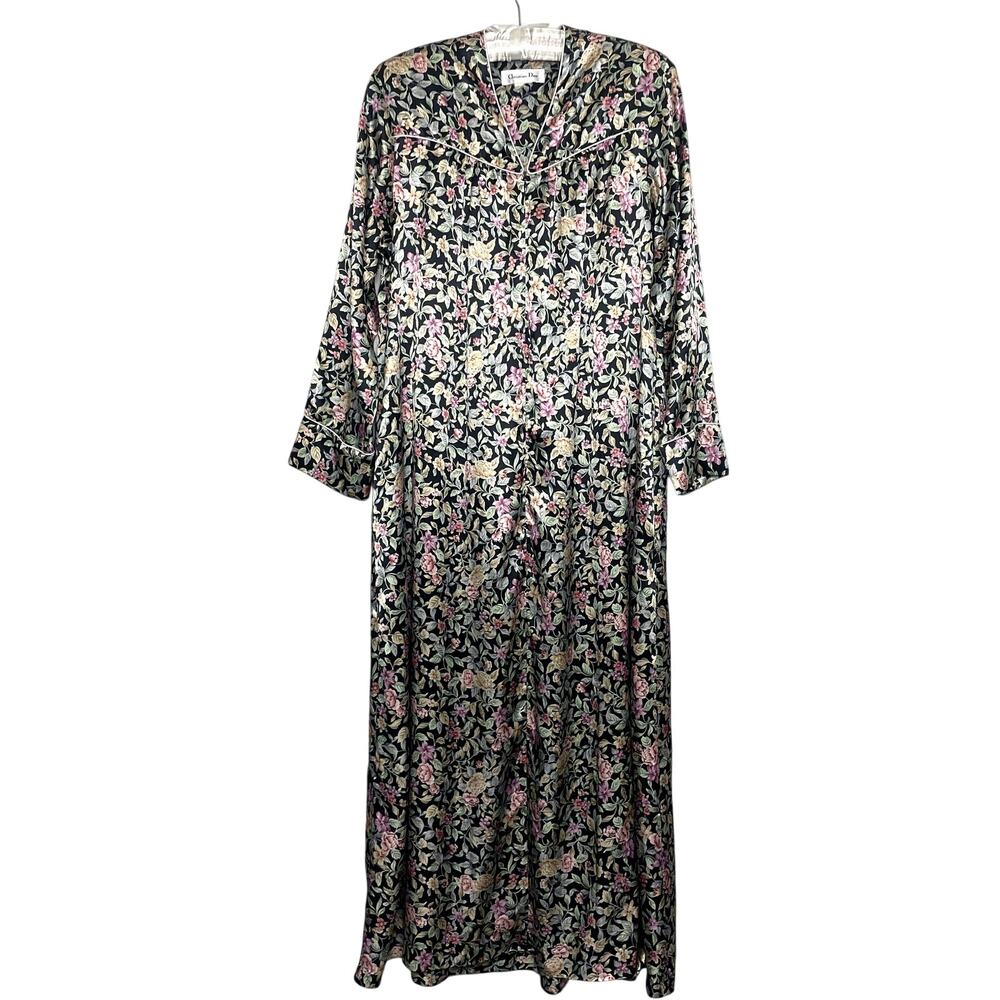 Vintage Christian Dior Satin Floral House Dress Long Robe Zip Top Pockets S/M